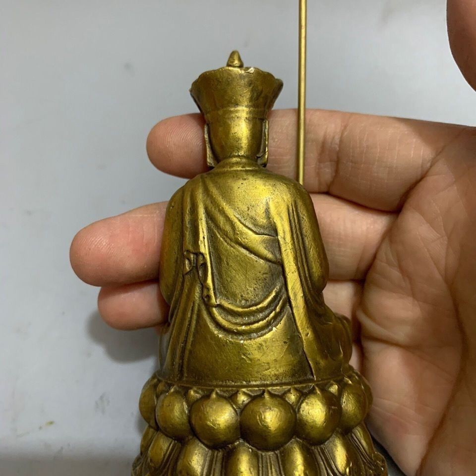 Vintage Brass Ksitigarbha Bodhisattva Statue Jiuhua Mountain Copper Ornament