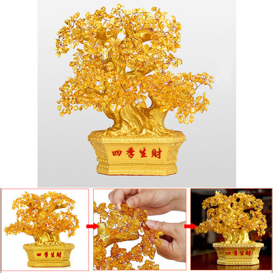 Yellow Crystal Stones Feng Shui Fortune Money Tree  Wealth Luck Decoration--