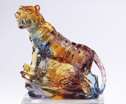 Chinese Liu Li Crystal Tiger Statue Zodiac Figurine Feng Shui Decor