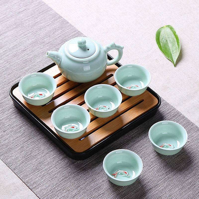 Chinese tea set porcelain tea cups fish relief ceramic tea pot portable tea tray