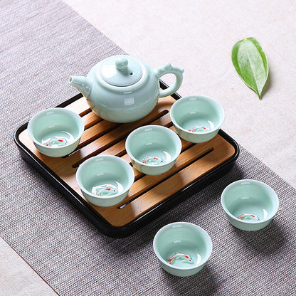 Chinese tea set porcelain tea cups fish relief ceramic tea pot portable tea tray