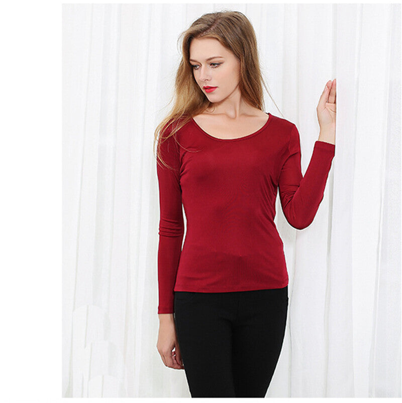 Womens lingerie Mulberry Silk Knitted Round Neck T Shirt Undershirt Long Sleeve