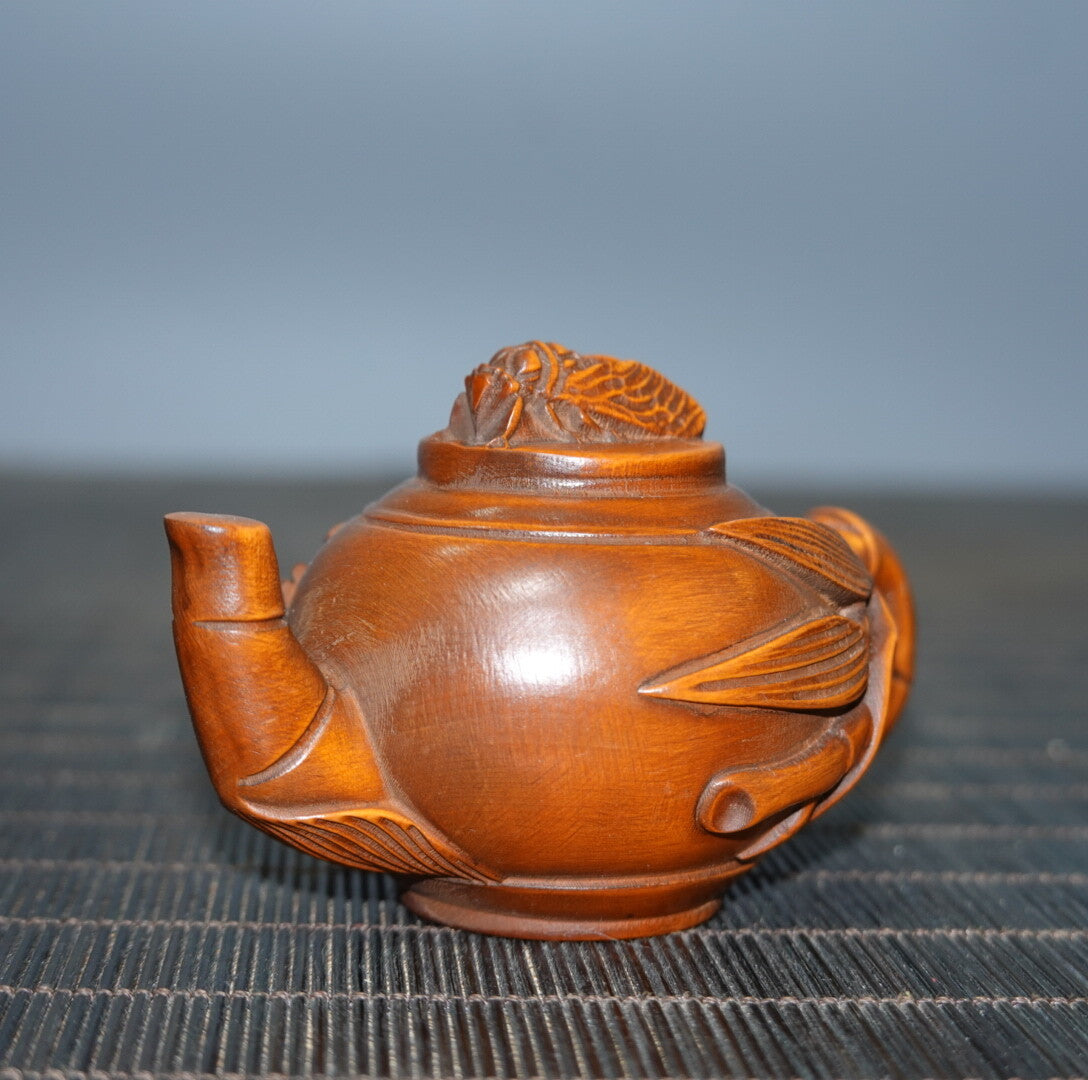 Antique Collection Tea Pot Statue Bamboo Leaf Handle Wooden Carving Decoration