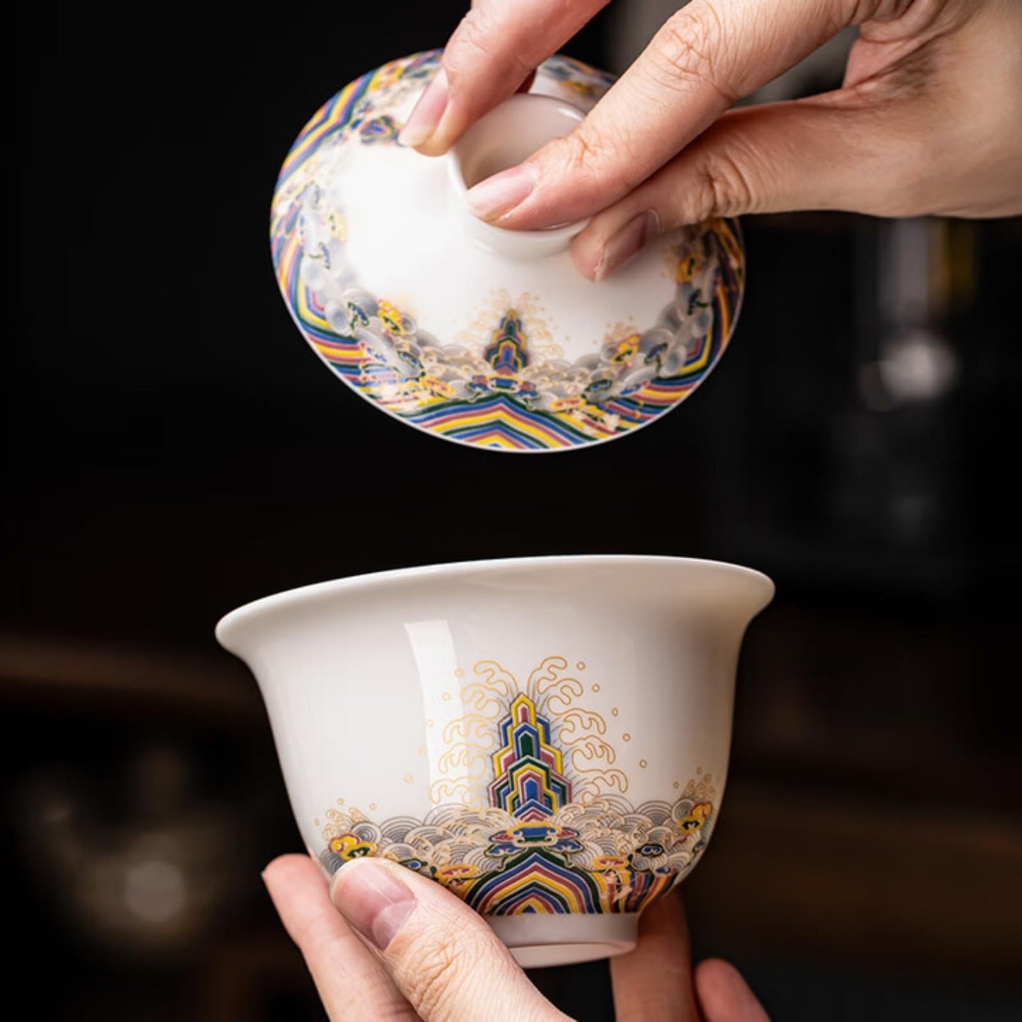 Jade Ceramics Enamel Colors Patterned Gaiwan 150ml 5.1oz White Kungfu Tea Set