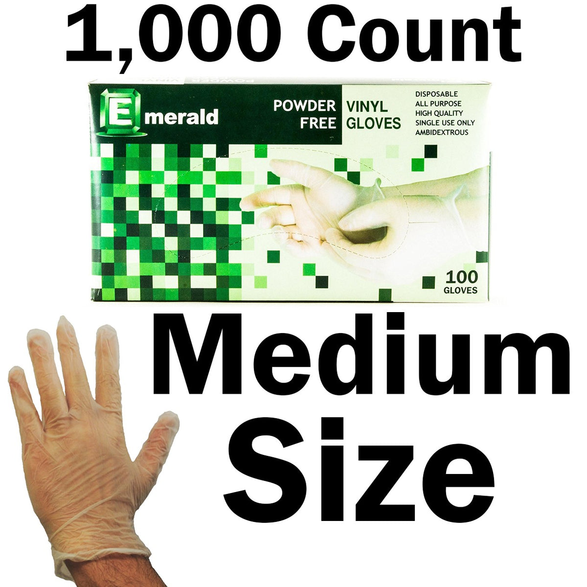 Emerald Shannon 1,000 Count SIZE MEDIUM Powder-Free Vinyl Gloves – 4 Mil