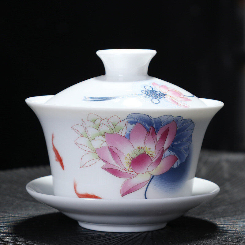 China Gaiwan Porcelain Handpainted Under Glaze Ceramic Tea Cup Bowl Saucer Lid
