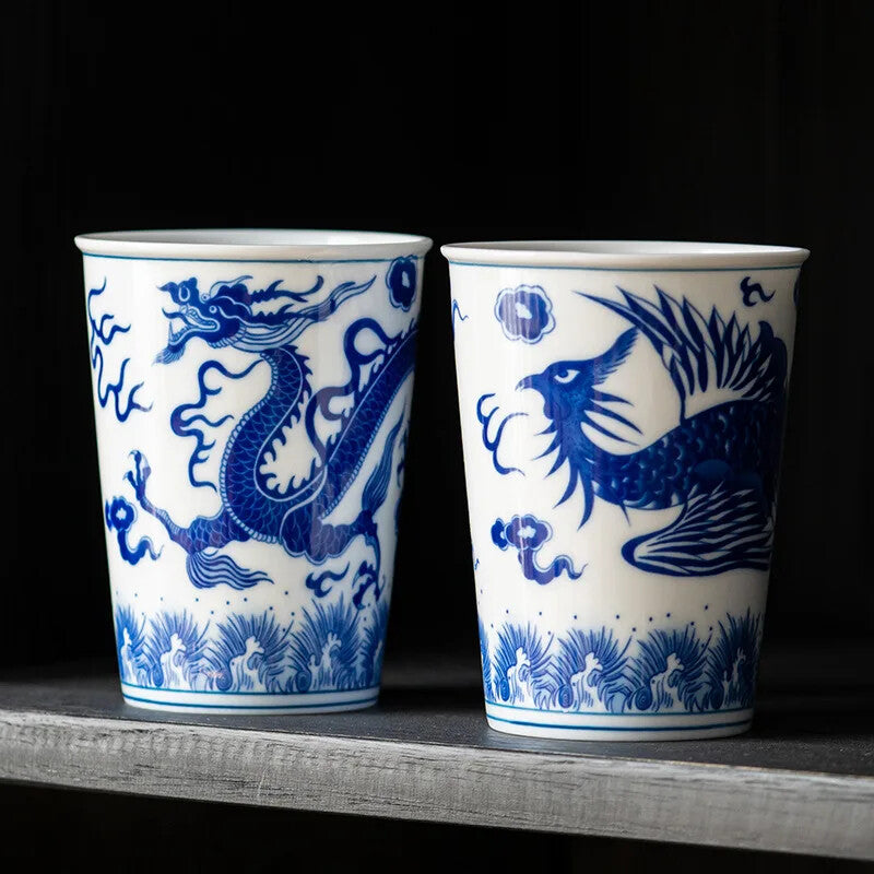 Dragon Chinese Tea Cup White and Blue Beautiful Teacup Phoenix Teaware A Cup