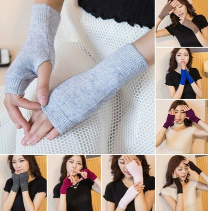 Women Winter Gloves Cashmere Knitted Cotton Fingerless Warm Stretch Half Mittens