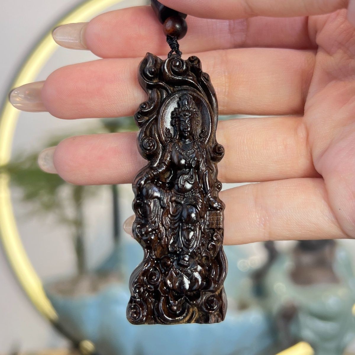 Papua Rosewood Carved Guanyin Pendant Lotus Buddha Wood Amulet Vintage Ornament