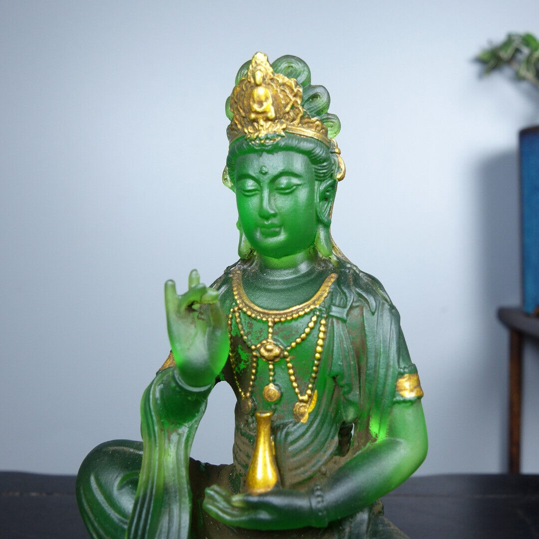 Collect China old coloured glaze gilt Hand made pure bottle lotus Guanyin statue