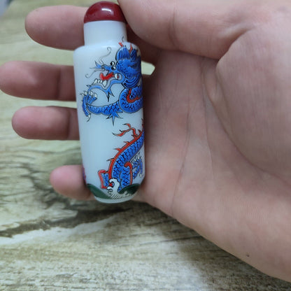 Chinese Peking Glass Snuff Bottle Carved Dragon Statue Awesome Painted Blue Art