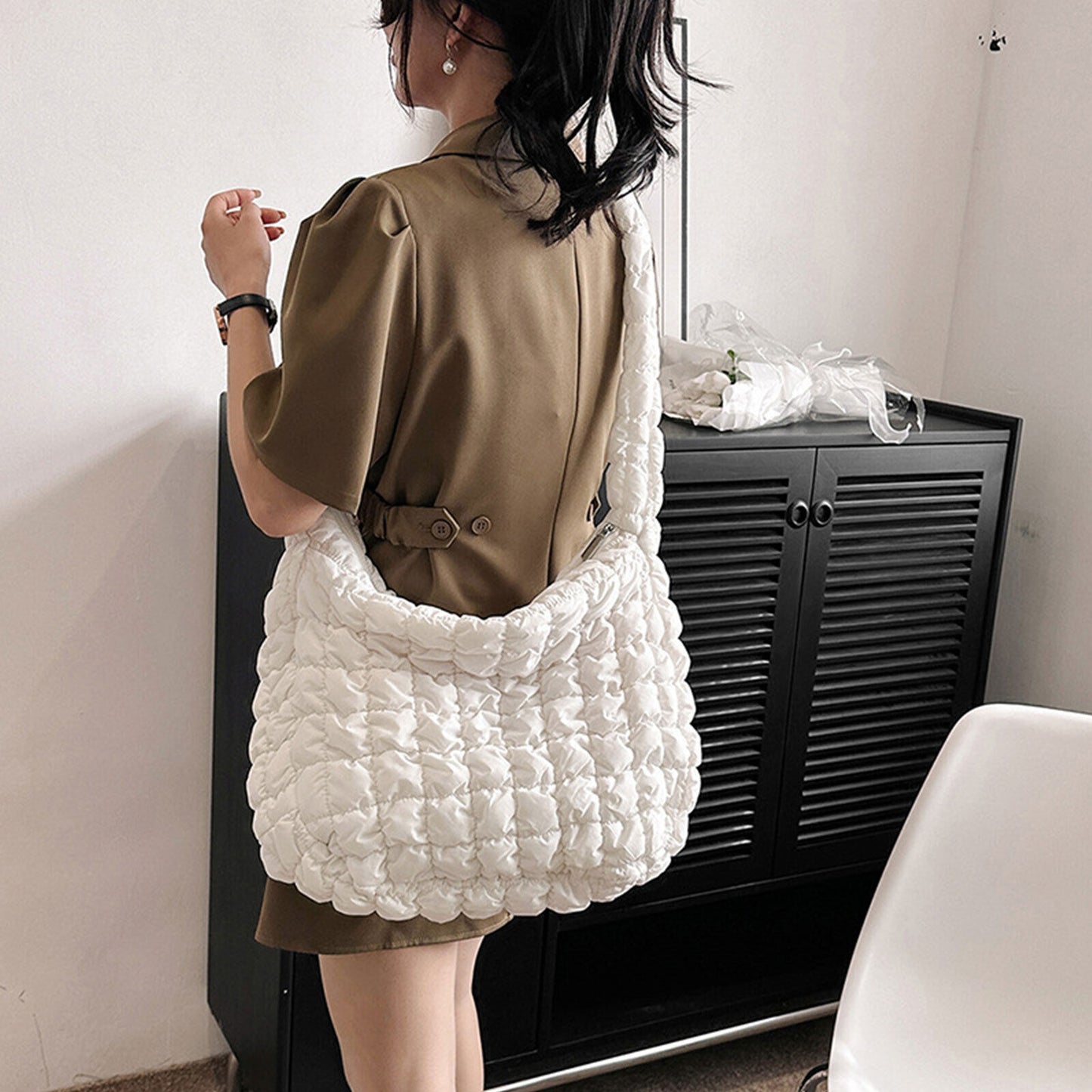 Large Puffer Tote Bag Padded Style Quilted Shoulder Bags Black or Sage Womens