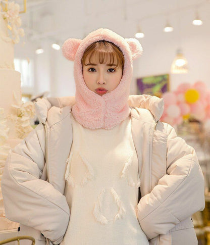 Warm Hats Winter Cute Bear Ears Windproof Neck Scarf Cap Student Women Cashmere