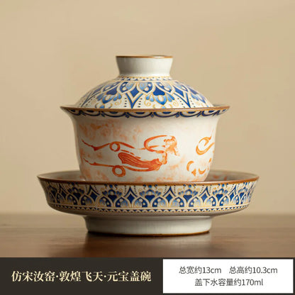 Jingdezhen Ceramics Rubbing Dunhuang Tureen Tea Set Bamboo Hat Horseshoe Gaiwan