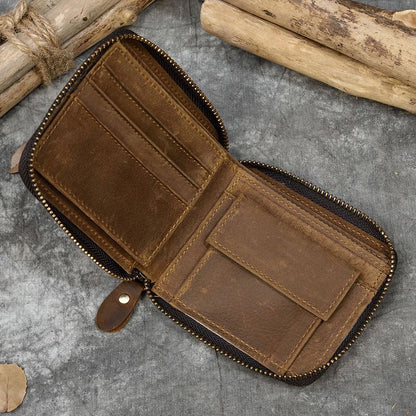 Real Leather Coin Wallet Zip Men Women Short Wallet Purse Zipper Brown Small