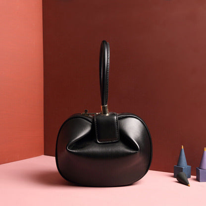 Real Leather Wonton Round Pouch Clutch Purse Top Handle Tote Handbag Grab Bag