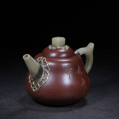 Chinese Yixing Zisha Clay Handmade Exquisite Teapot fortune turns（葫芦（镶玉） 底款：杨彭）