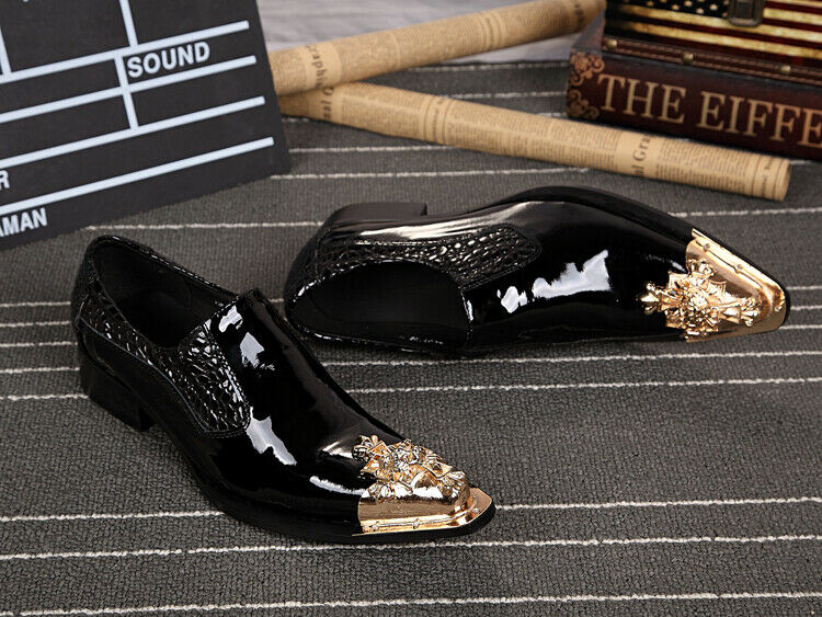 Mens Slip On Leather Metal Pointy Toe Formal Dress Business Flat Heel Shoes New