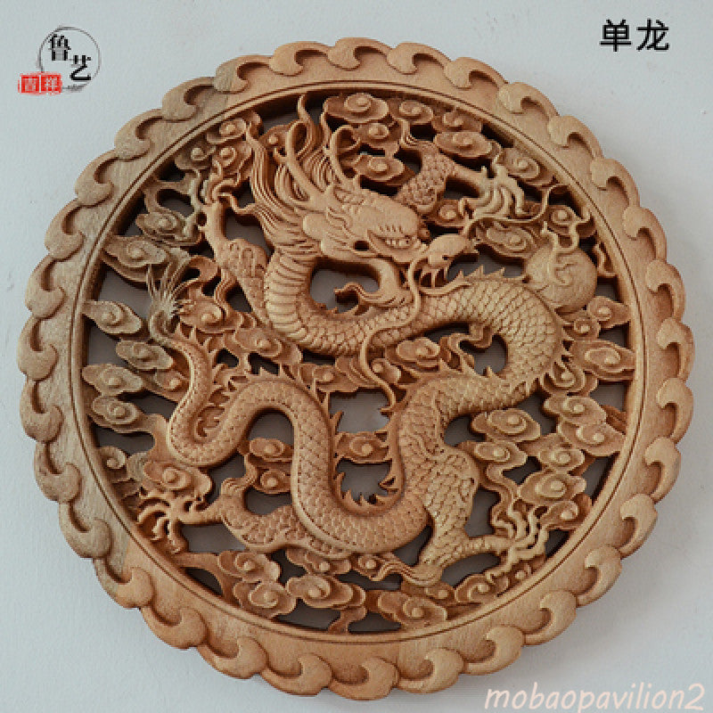 Chinese Old Hand Carved Dragon Statue Camphor Wood Round Plate Wall Sculpture