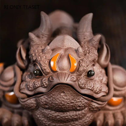 5.12" Lucky Golden Toad Statue Ornaments Yixing Purple Clay Tea Pet Handmade