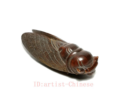 Chinese boxwood hand carved cicada Figure statue netsuke collectable hand piece