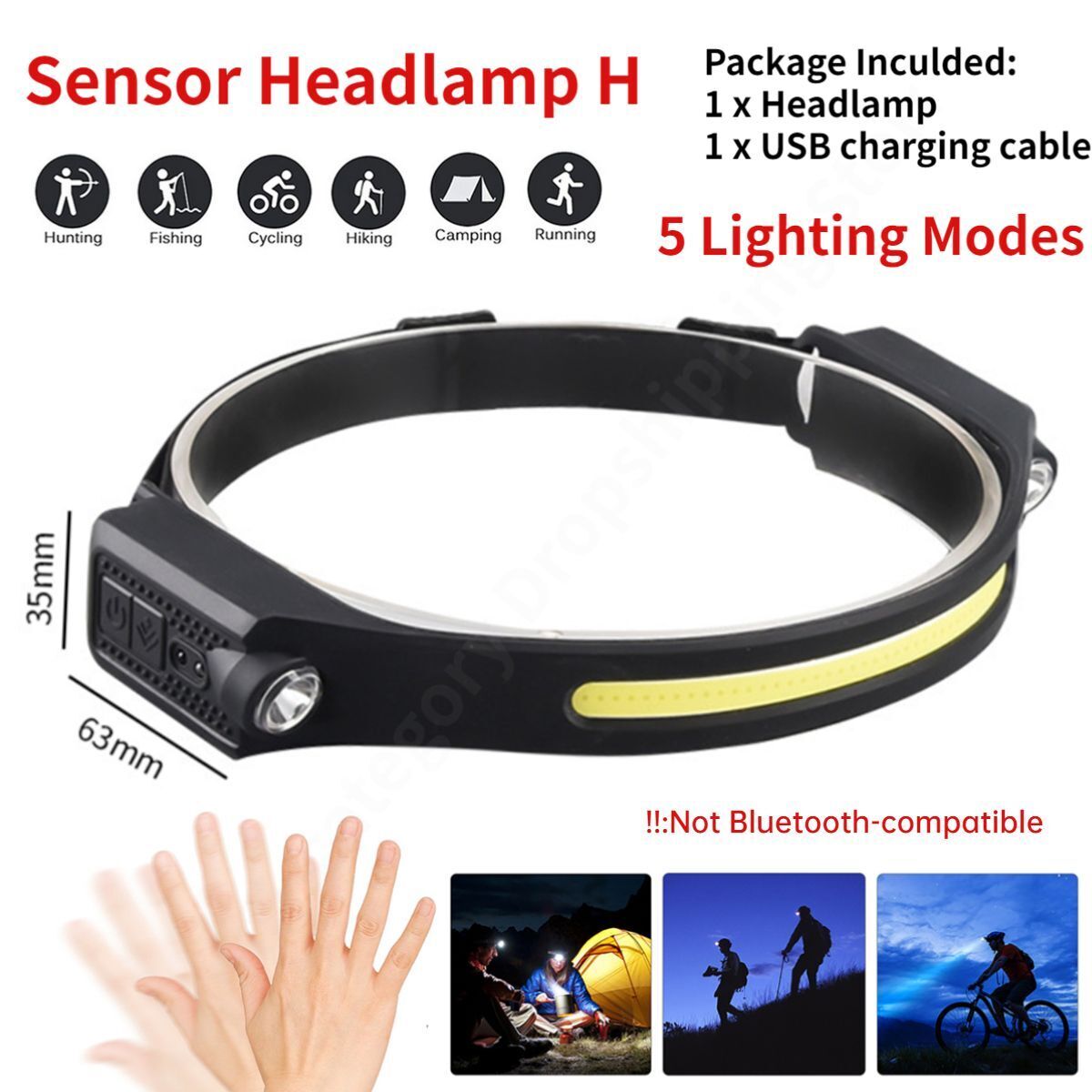 Led Induction Headlamp Cob Headlight Flashlight Bluetoothcompatible Rechargeable