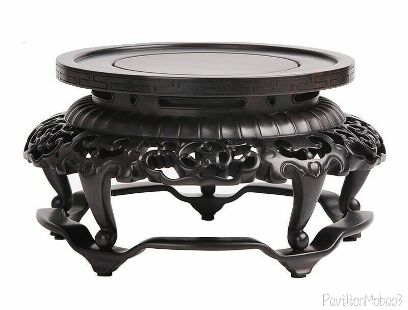 Natural Ebony Wood Carved Display Stand Rack Vase Bonsai Statue Round Base Decor