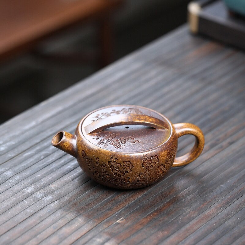 6.8oz Chinese Tea Pot Handmade Carved Real Yixing Zisha Pot Big Opening For Puer