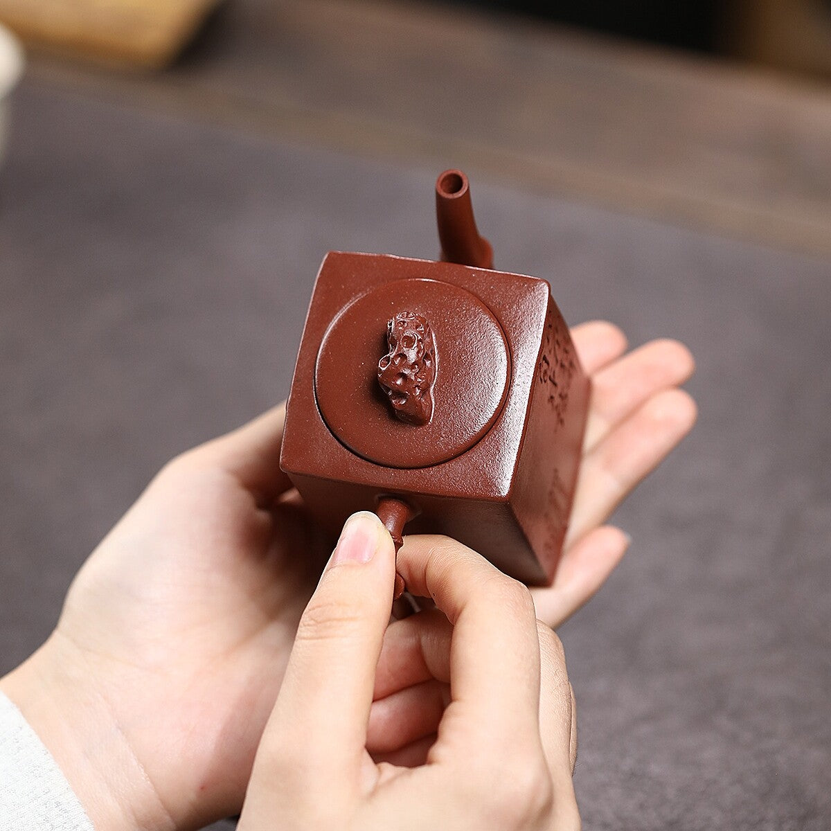 Handmade Carved Bamboo Chinese Characters Real Yixing Zisha Purple Grit Tea Pot