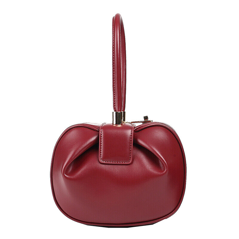 Real Leather Wonton Round Pouch Clutch Purse Top Handle Tote Handbag Grab Bag