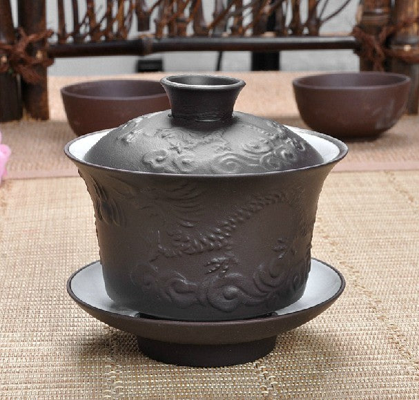Gaiwan Dragon Carved Zisha Tea Set Gaiwan Cup Saucer Kung Fu Travel Tea Set Pot