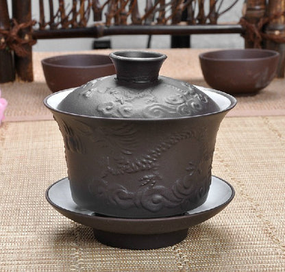 Gaiwan Dragon Carved Zisha Tea Set Gaiwan Cup Saucer Kung Fu Travel Tea Set Pot