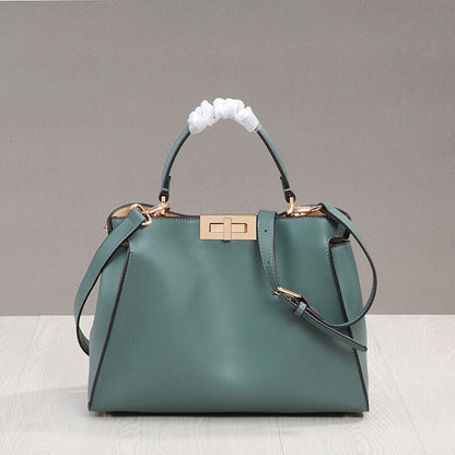 Real Leather Trapezoid Twist-Lock Tote Shoulder Bag Purse Crossbody Top Handle