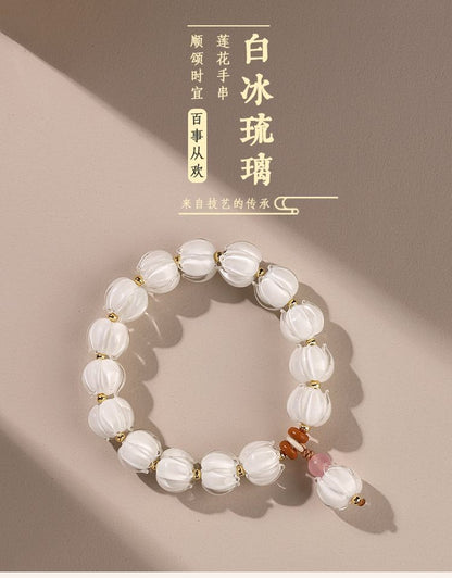 New Style Women Single Strand Ice White Glass Lotus Bracelet