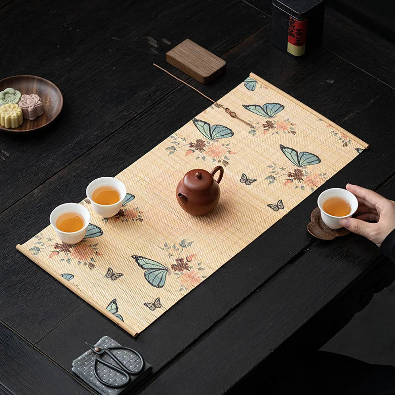 50cm Bamboo Woven Table Decorative Heat Insulation Mat Butterfly Print Tea Mat