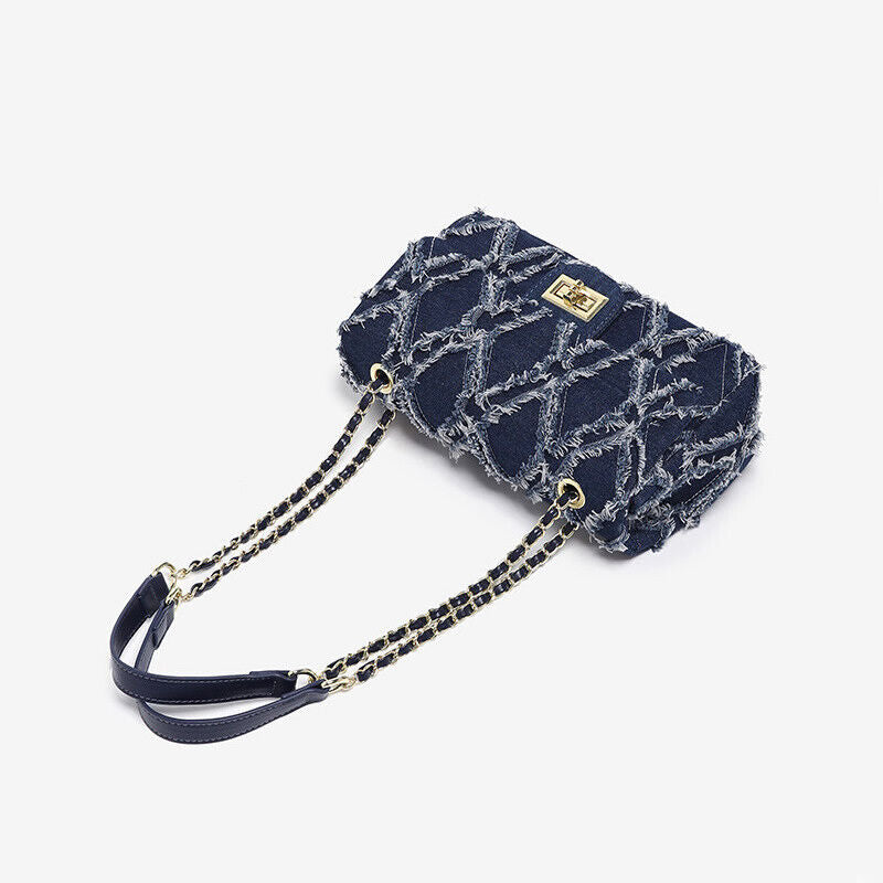 Denim Fringe Small Flap Bag Shoulder Purse Handbag w/ Chains Fashion Clutch