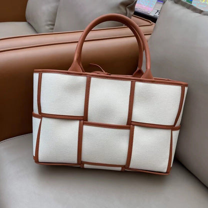 Woven Canvas & Leather Tote bag Purse Handbag Fashion w/ Zip Bag Crossbody Strap