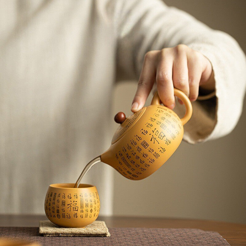 One Pot + Two Cup Handmade Xishi Pot Marked Matching Tea Cup Pot Zisha Duan Clay