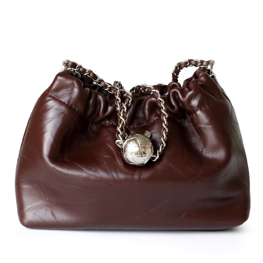 Small Mini Ruched Real Leather Clutch Pouch Purse Shoulder Bag w/ Chain Fashion