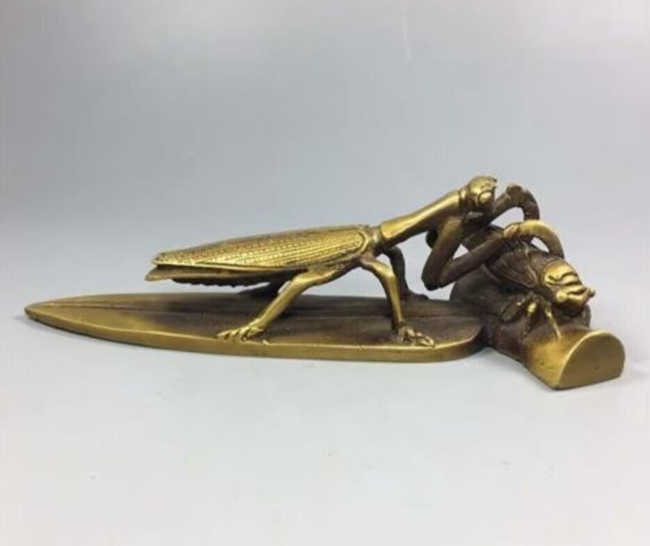Brass Manti Stalking Cicada Statue Paper Weight Collection Table Zen Decor