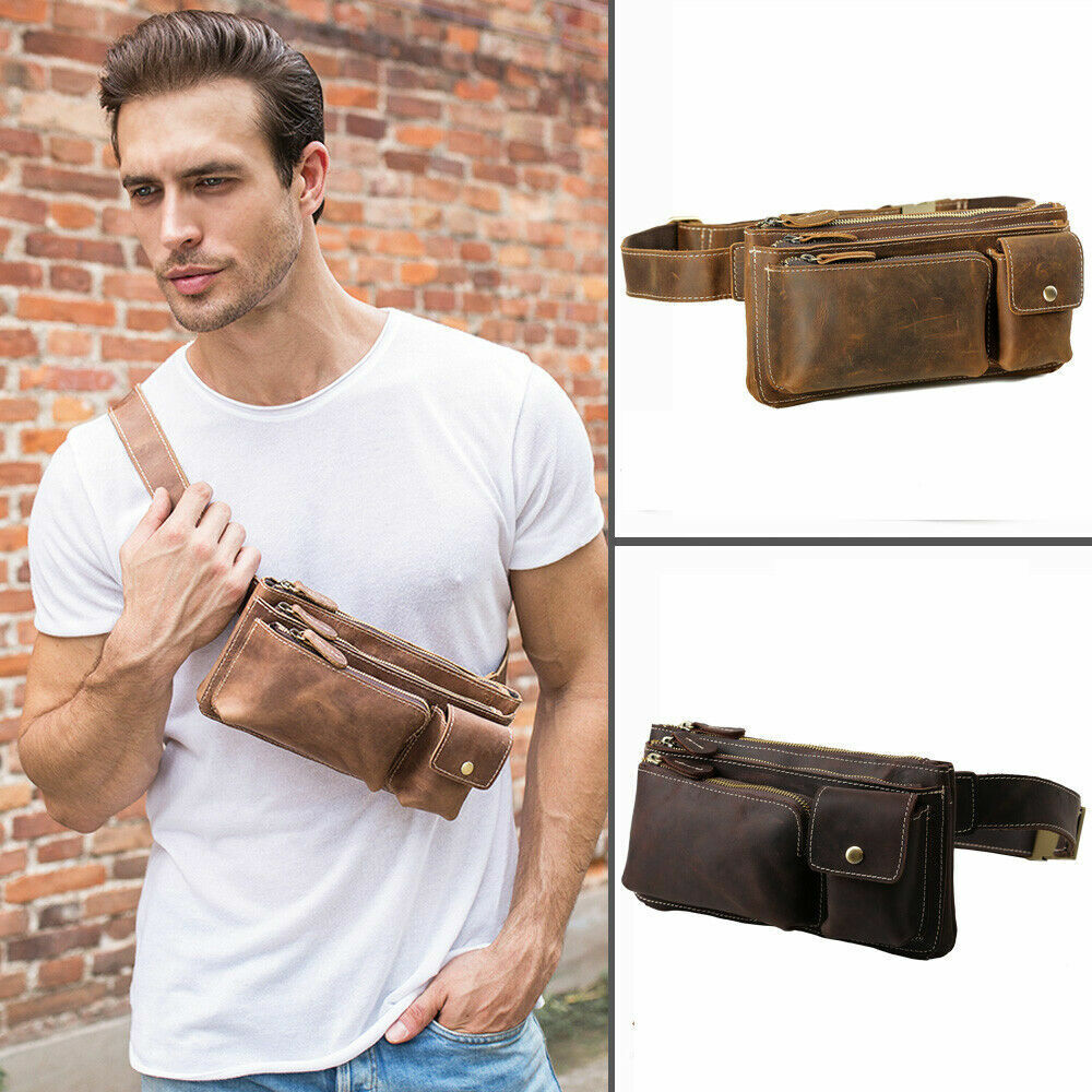Mens Leather Waist Bag Fanny Belt Pack Sports Travel Running Pouch Sling Bum Bag