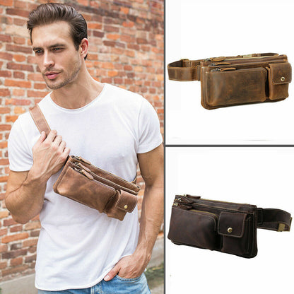 Mens Leather Waist Bag Fanny Belt Pack Sports Travel Running Pouch Sling Bum Bag