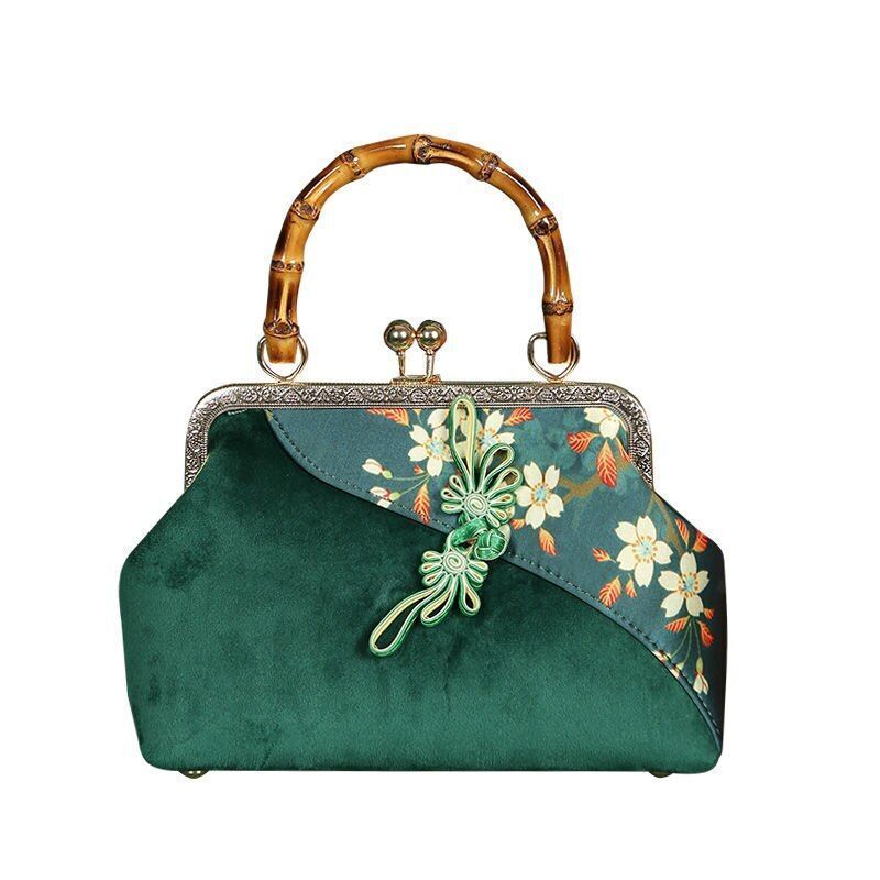 Wood Hand Lock Shell Bag Vintage Purse Chain Women Shoulder Purse Cloth Handbags