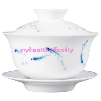 150ml Fish Painted Gaiwan Teacup Blue White Porcelain Teabowl Ceramic Tea Set