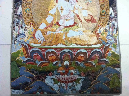 New Silk Embroidery Art Buddhism Tangka Green Tara Buddha Thangka Statue