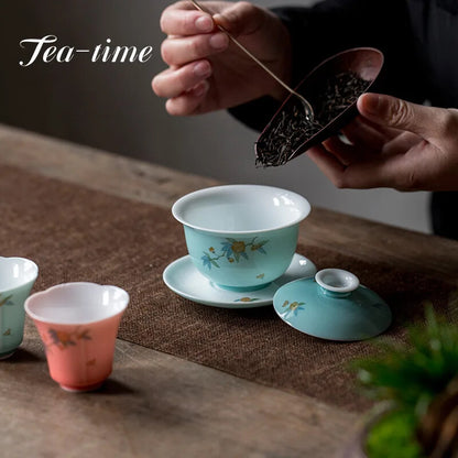 110ml Handpainted Spring Flower Ceramic Tea Tureen Retro Green Glaze Bowl Tea
