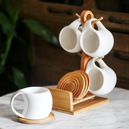 Ceramic Coffee Cup Household Mug Hanging Water Cup Set Kitchen Tea Set Bamboo