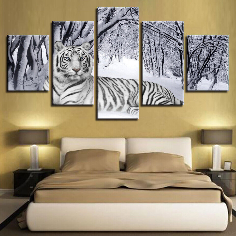 White Tiger In Snow Forest Canvas Prints Painting Wall Art Home Decor Picture 5P