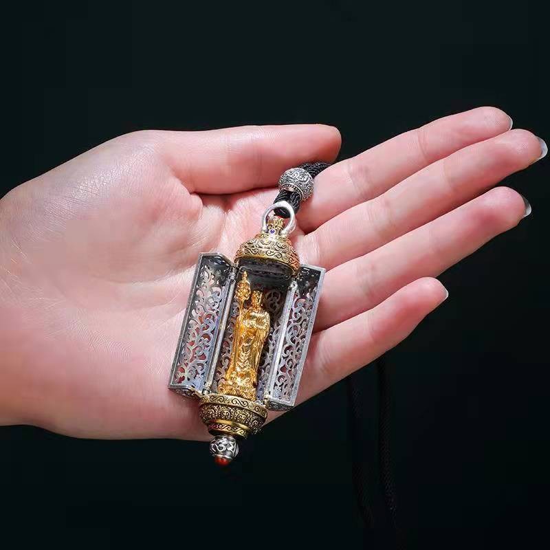 Premium Silver Gau Box Pendant Amithabha Buddha Openable Guochao Ethnic Necklace