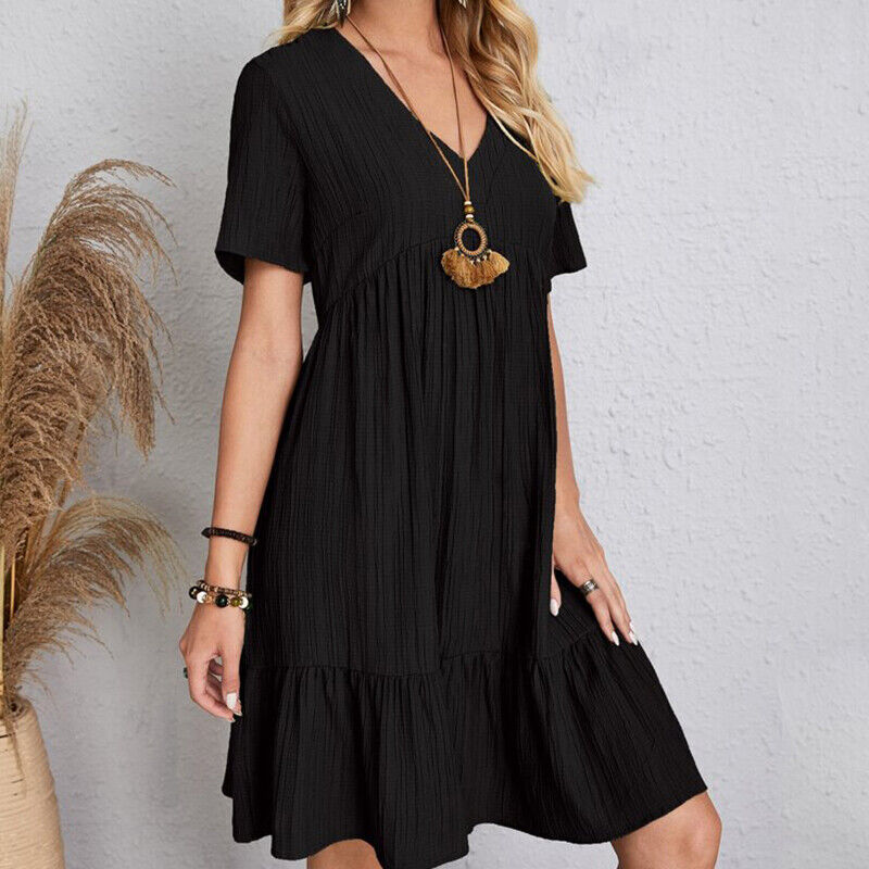 Womens Short Sleeve V Neck Mini Dress Ladies Pleated Ruffle Baggy A-Line Dr